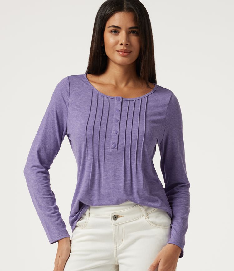Boat Neck Pintuck Long Sleeve Curved Hem Casual Top Boat Neck Pintuck Long Sleeve Curved Hem Casual Top