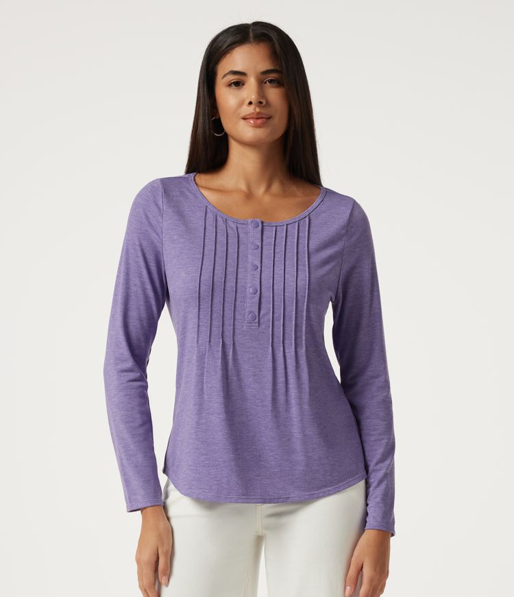 Boat Neck Pintuck Long Sleeve Curved Hem Casual Top Boat Neck Pintuck Long Sleeve Curved Hem Casual Top