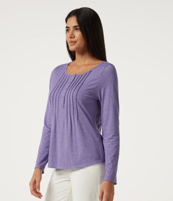 Boat Neck Pintuck Long Sleeve Curved Hem Casual Top Boat Neck Pintuck Long Sleeve Curved Hem Casual Top