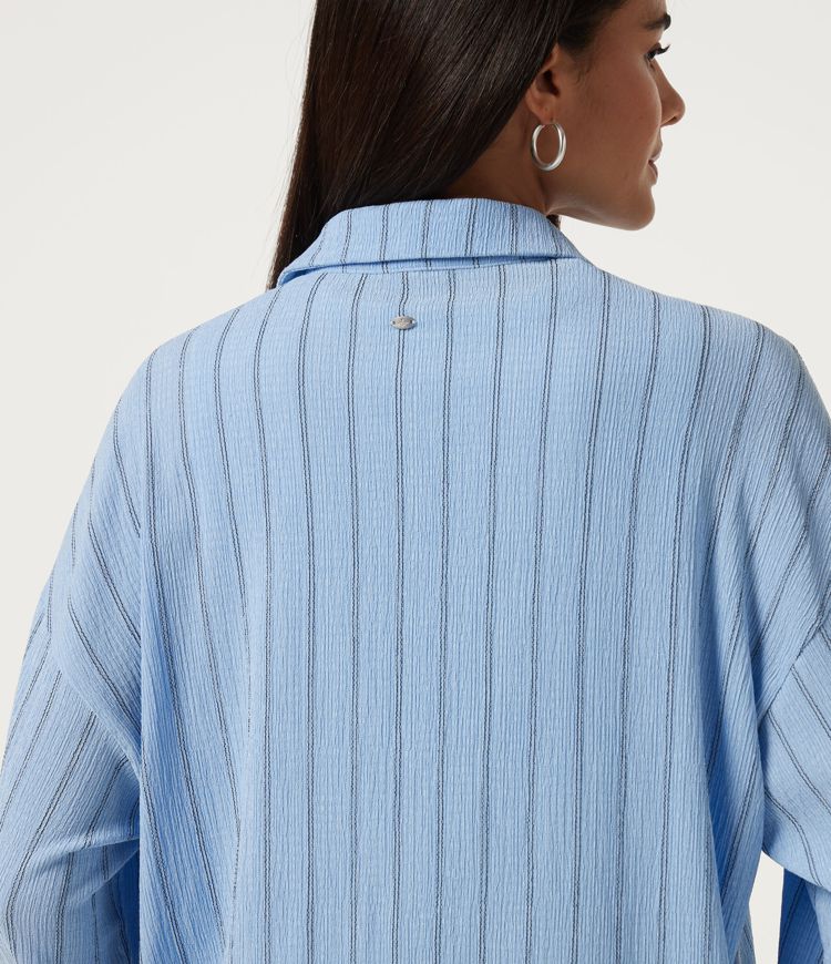 Collared Dropped Long Sleeve Relaxed Stripe Casual Blouse