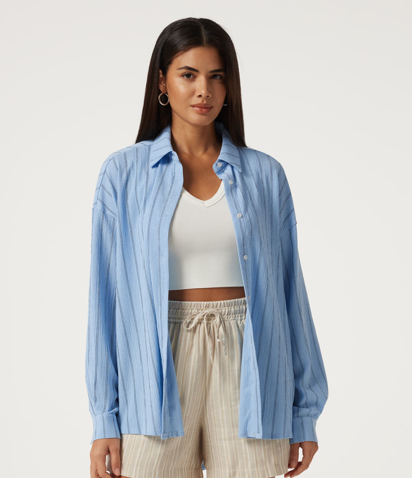 Collared Dropped Long Sleeve Relaxed Stripe Casual Blouse