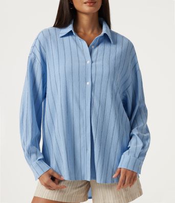 Collared Dropped Long Sleeve Relaxed Stripe Casual Blouse