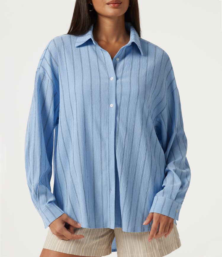 Collared Dropped Long Sleeve Relaxed Stripe Casual Blouse