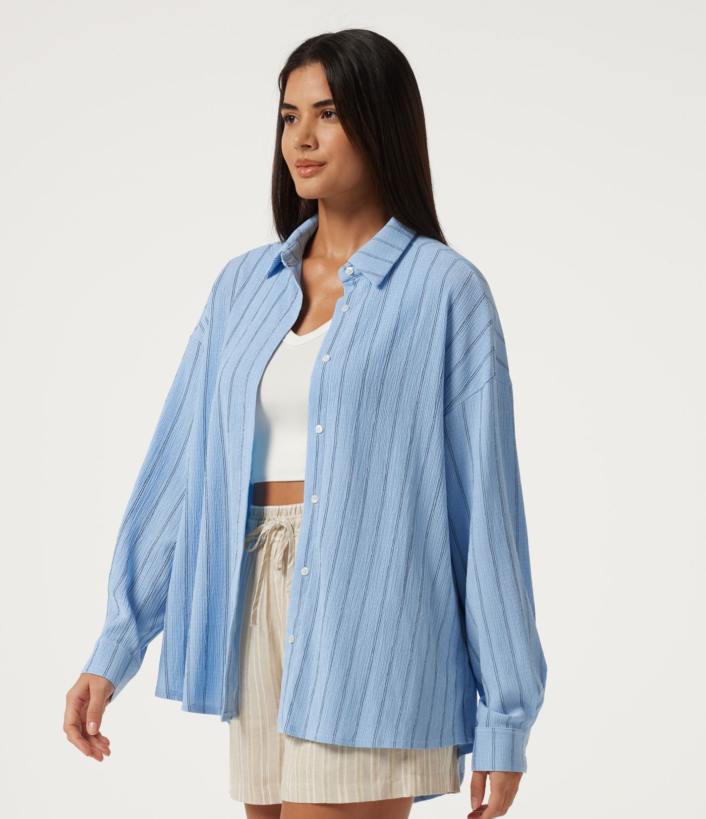 Collared Dropped Long Sleeve Relaxed Stripe Casual Blouse