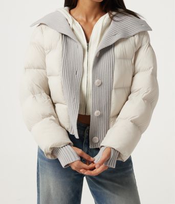 High Neck Long Sleeve Casual Puffer Jacket with Pockets and Thumb Holes