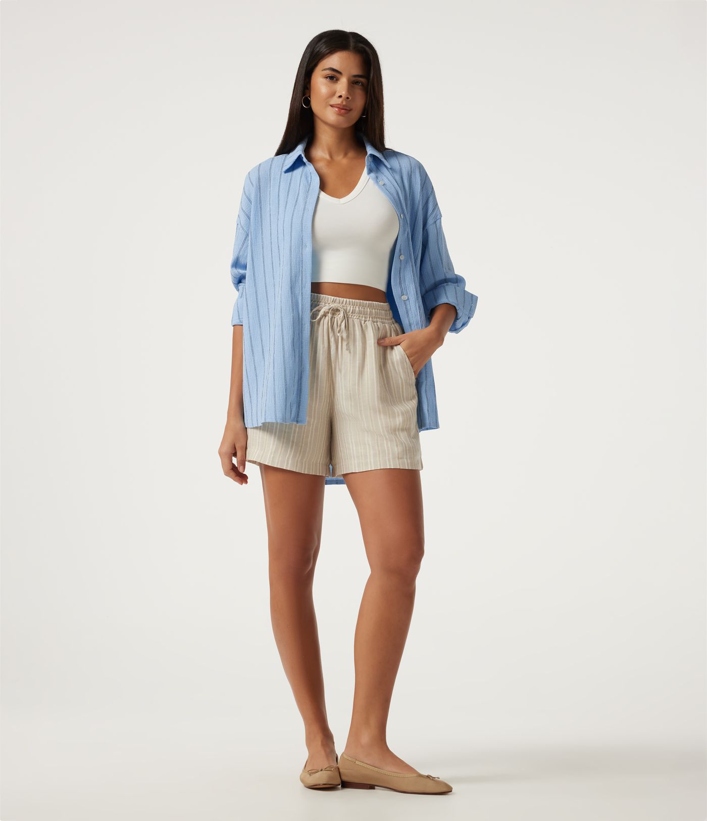 Collared Dropped Long Sleeve Relaxed Stripe Casual Blouse
