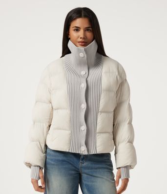 High Neck Long Sleeve Casual Puffer Jacket with Pockets and Thumb Holes