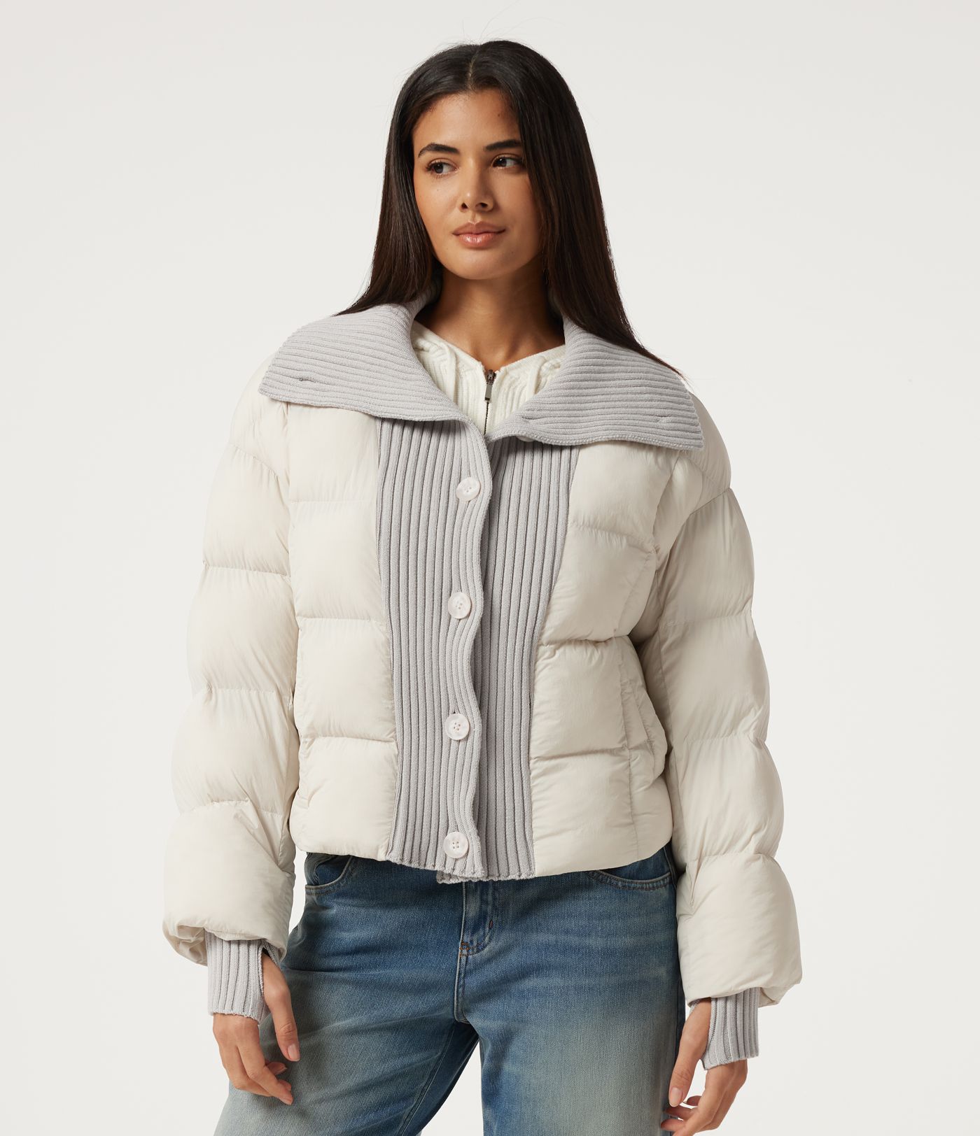 High Neck Long Sleeve Casual Puffer Jacket with Pockets and Thumb Holes