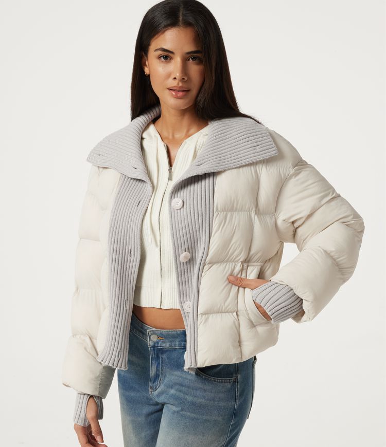 High Neck Long Sleeve Casual Puffer Jacket with Pockets and Thumb Holes