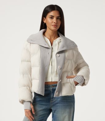High Neck Long Sleeve Casual Puffer Jacket with Pockets and Thumb Holes