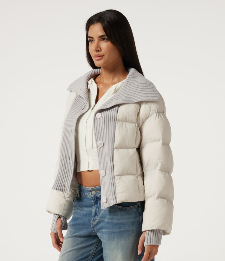 High Neck Long Sleeve Casual Puffer Jacket with Pockets and Thumb Holes