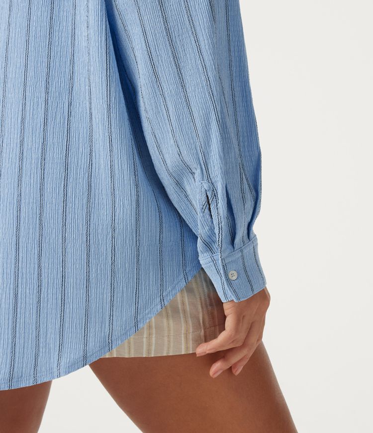 Collared Dropped Long Sleeve Relaxed Stripe Casual Blouse