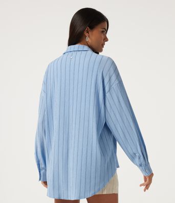 Collared Dropped Long Sleeve Relaxed Stripe Casual Blouse
