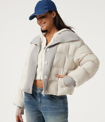 High Neck Long Sleeve Casual Puffer Jacket with Pockets and Thumb Holes