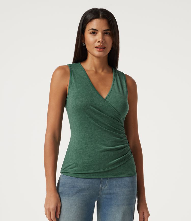 V Neck Ruched Asymmetric Heathered Casual Tank Top V Neck Ruched Asymmetric Heathered Casual Tank Top