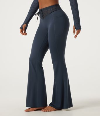 Halara UltraSculpt™ Mid Rise Drawstring Contrast Lace Flare Yoga Leggings with Pockets