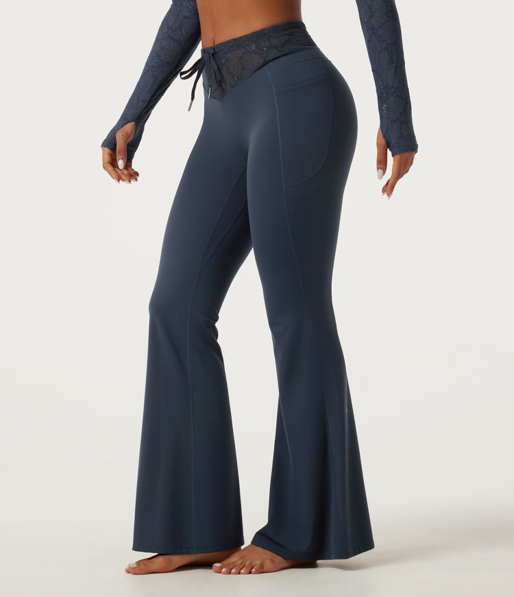 Halara UltraSculpt™ Mid Rise Drawstring Contrast Lace Flare Yoga Leggings with Pockets