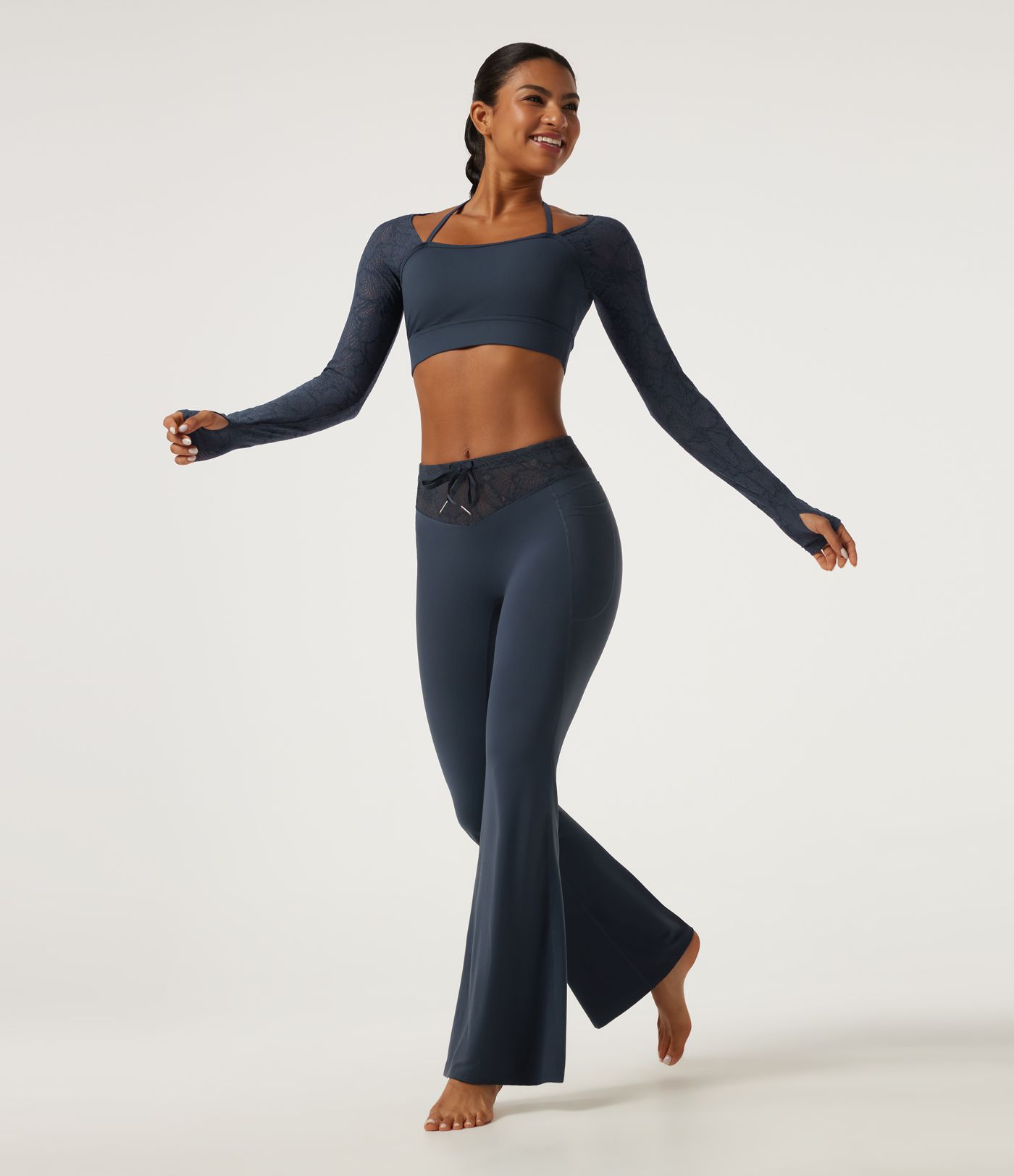 Halara UltraSculpt™ Mid Rise Drawstring Contrast Lace Flare Yoga Leggings with Pockets