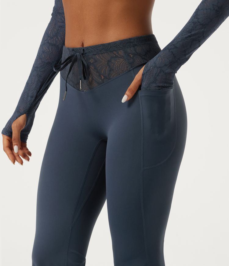 Halara UltraSculpt™ Mid Rise Drawstring Contrast Lace Flare Yoga Leggings with Pockets