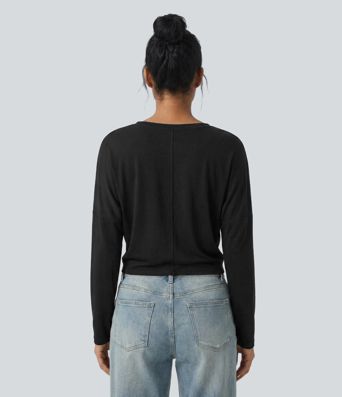 Round Neck Long Sleeve Tie Front Casual Top Round Neck Long Sleeve Tie Front Casual Top