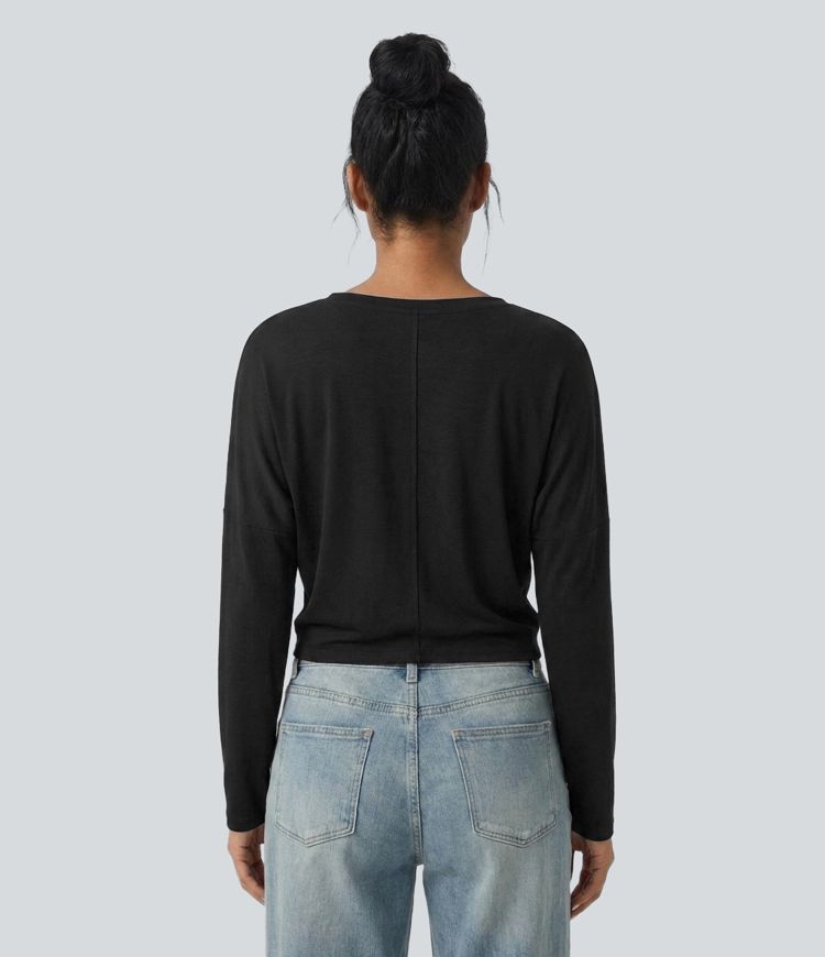 Round Neck Long Sleeve Tie Front Casual Top Round Neck Long Sleeve Tie Front Casual Top