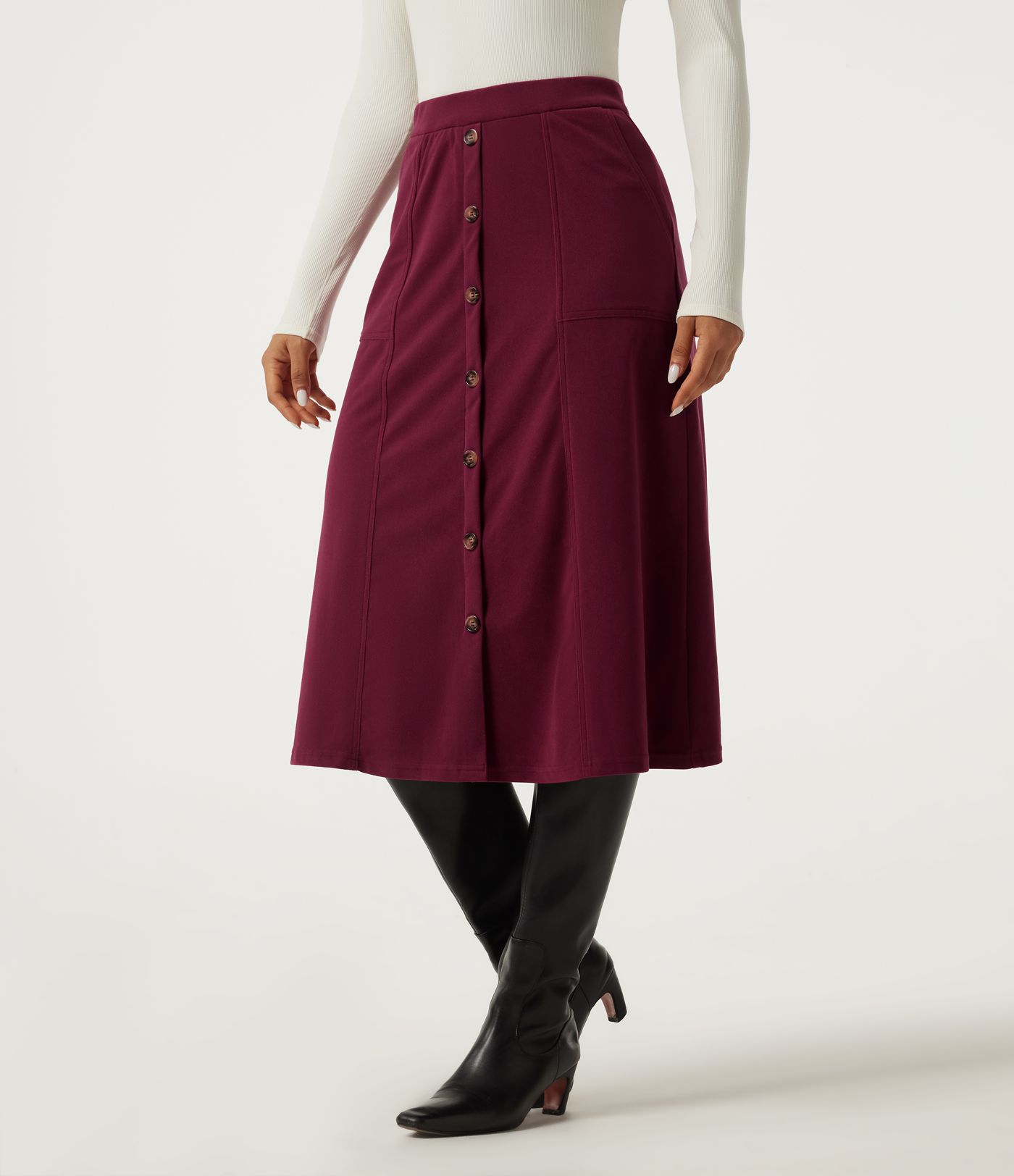 High Waisted A-Line Corduroy Midi Casual Skirt with Pockets