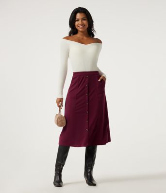 High Waisted A-Line Corduroy Midi Casual Skirt with Pockets