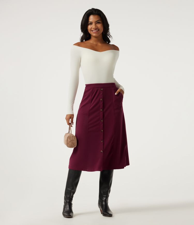 High Waisted A-Line Corduroy Midi Casual Skirt with Pockets