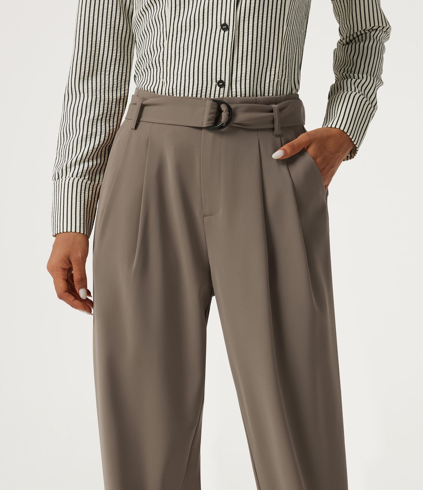 High Waisted Belted Tapered Work Pants with Pockets