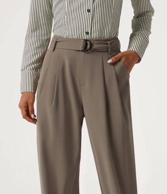 High Waisted Belted Tapered Work Pants with Pockets