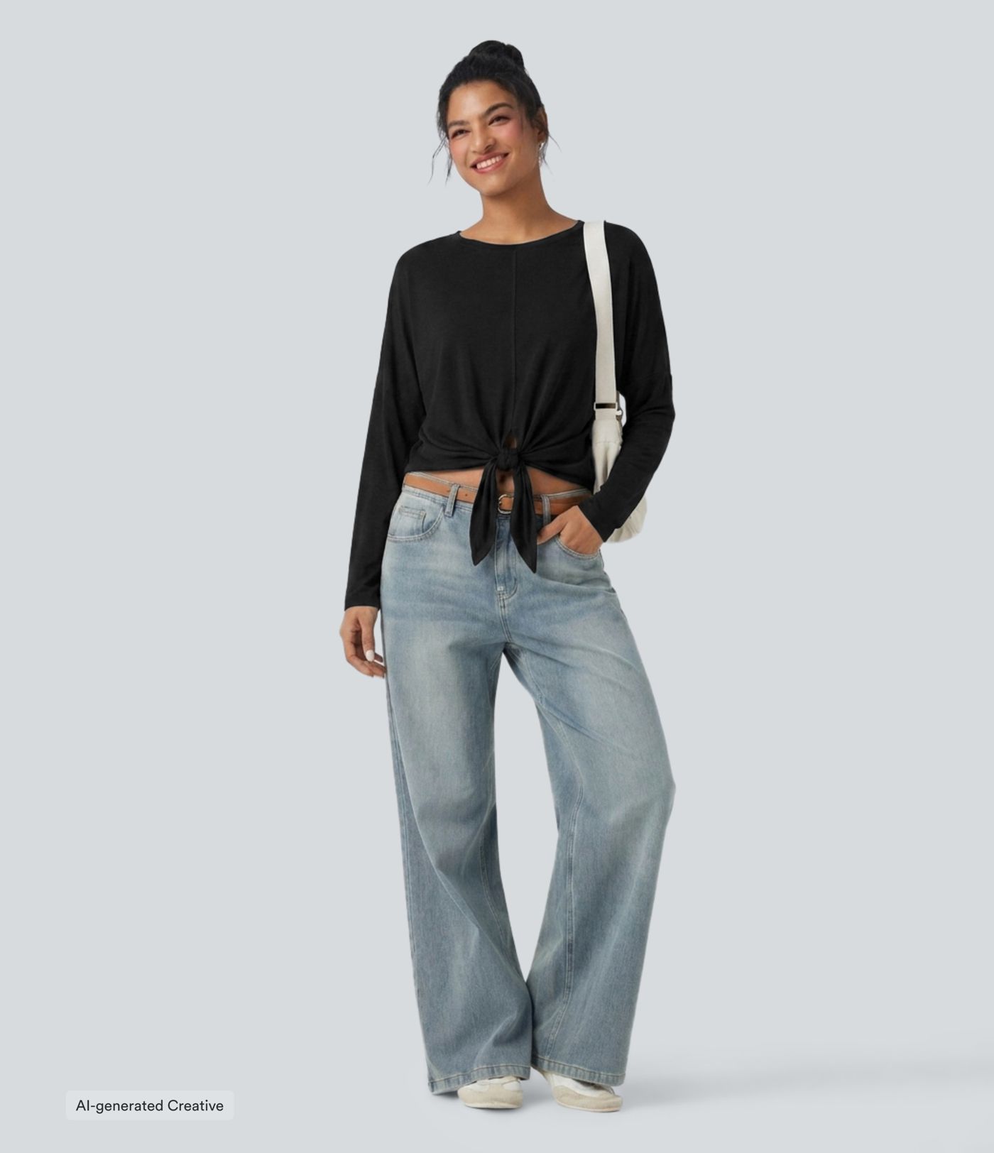 Round Neck Long Sleeve Tie Front Casual Top Round Neck Long Sleeve Tie Front Casual Top
