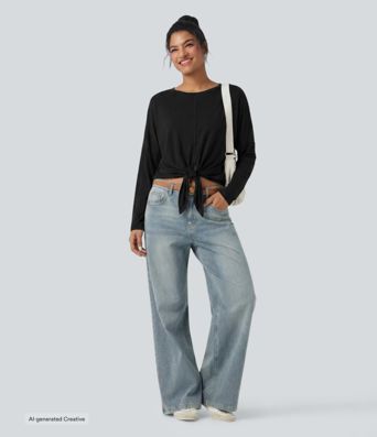 Round Neck Long Sleeve Tie Front Casual Top Round Neck Long Sleeve Tie Front Casual Top