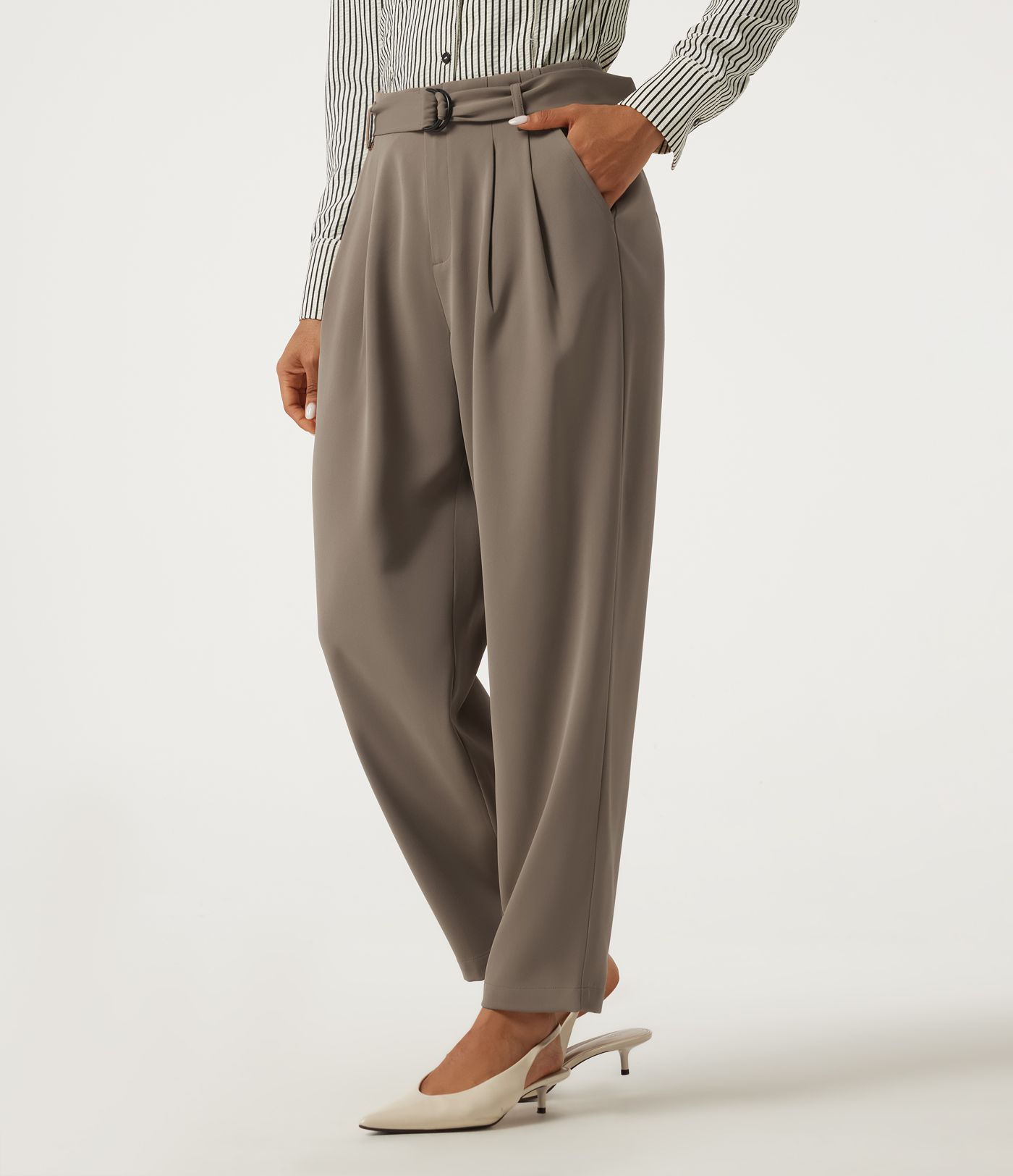 High Waisted Belted Tapered Work Pants with Pockets