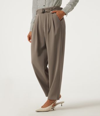 High Waisted Belted Tapered Work Pants with Pockets