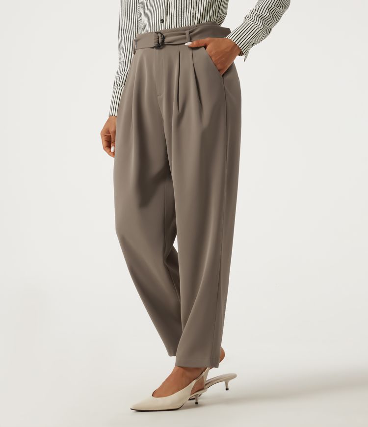 High Waisted Belted Tapered Work Pants with Pockets