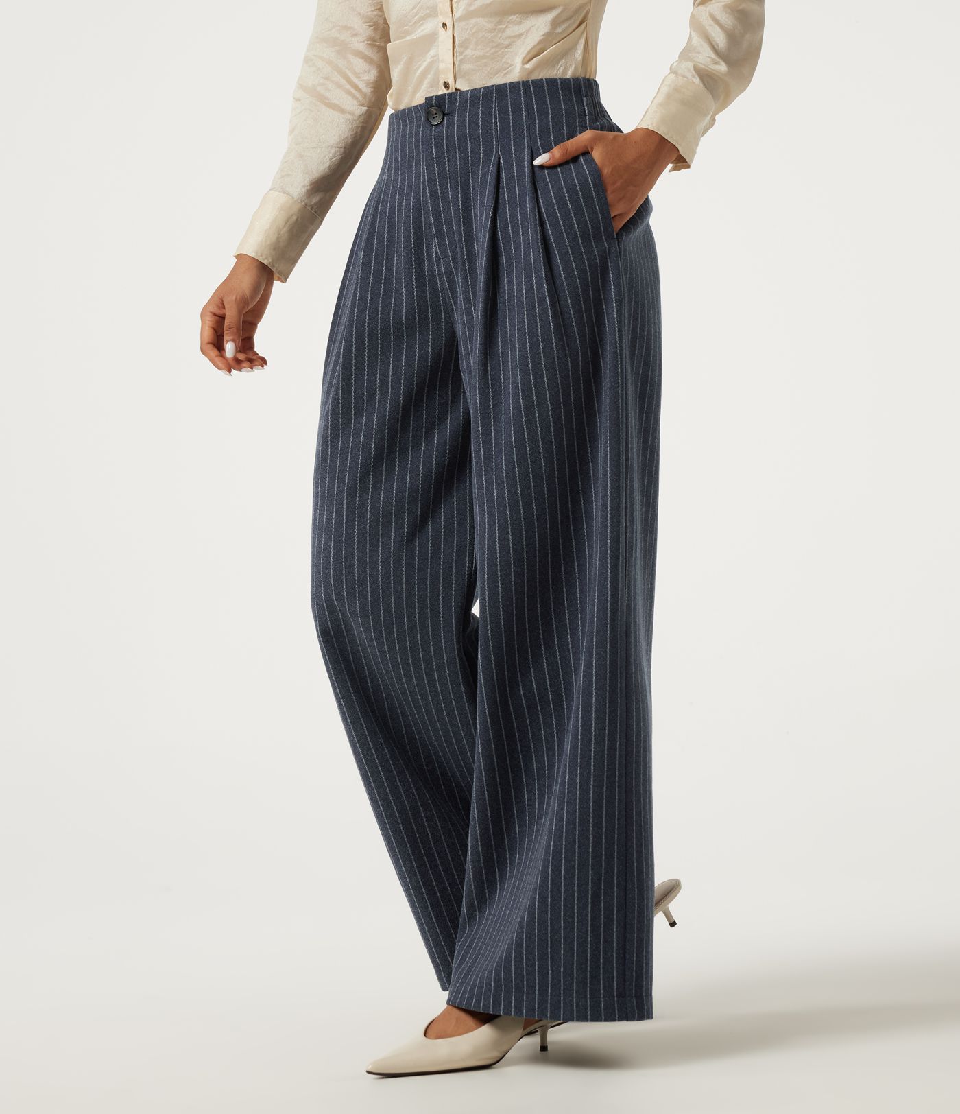 High Waisted Wide Leg Stripe Fleece Work Pants with Pockets