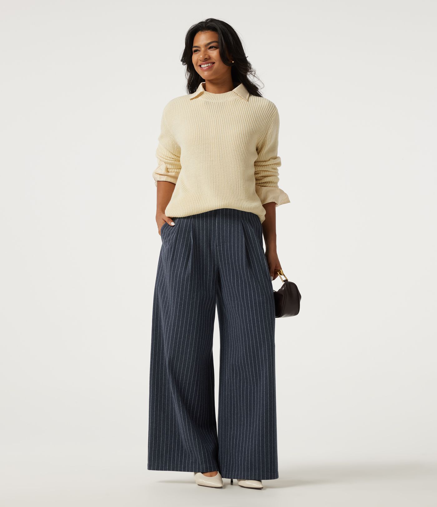 High Waisted Wide Leg Stripe Fleece Work Pants with Pockets