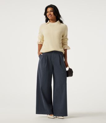 High Waisted Wide Leg Stripe Fleece Work Pants with Pockets