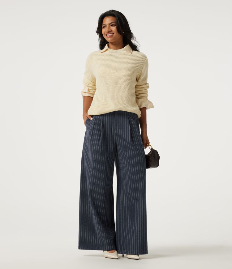 High Waisted Wide Leg Stripe Fleece Work Pants with Pockets