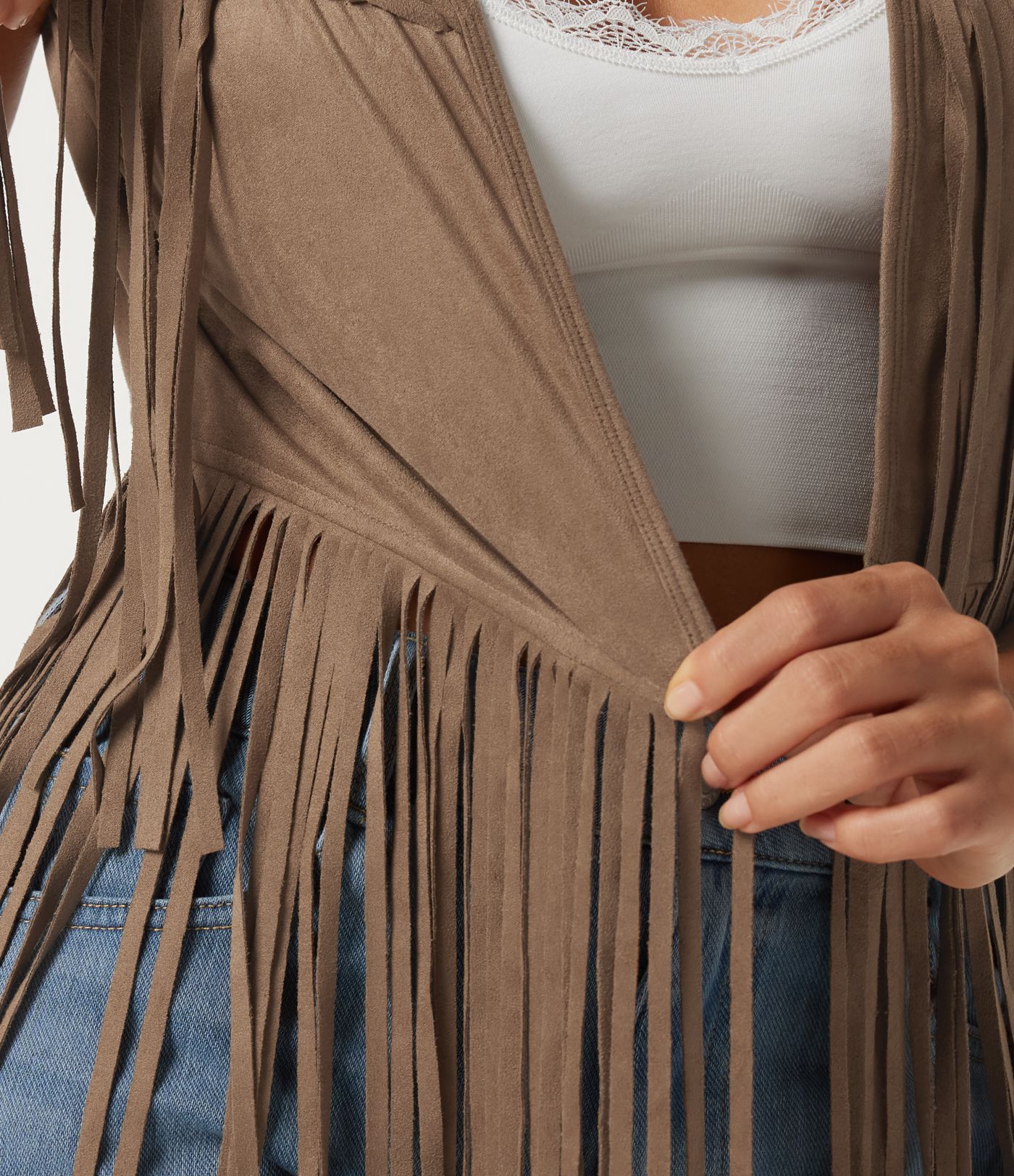 V Neck Open Front Fringe Suede Casual Vest