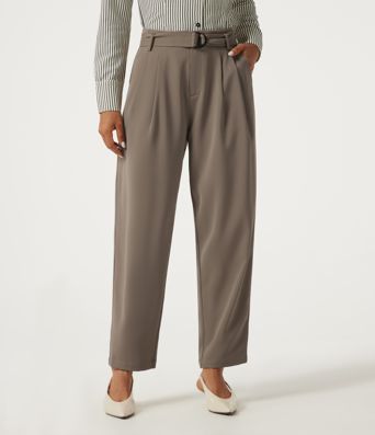 High Waisted Belted Tapered Work Pants with Pockets