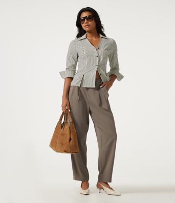 High Waisted Belted Tapered Work Pants with Pockets