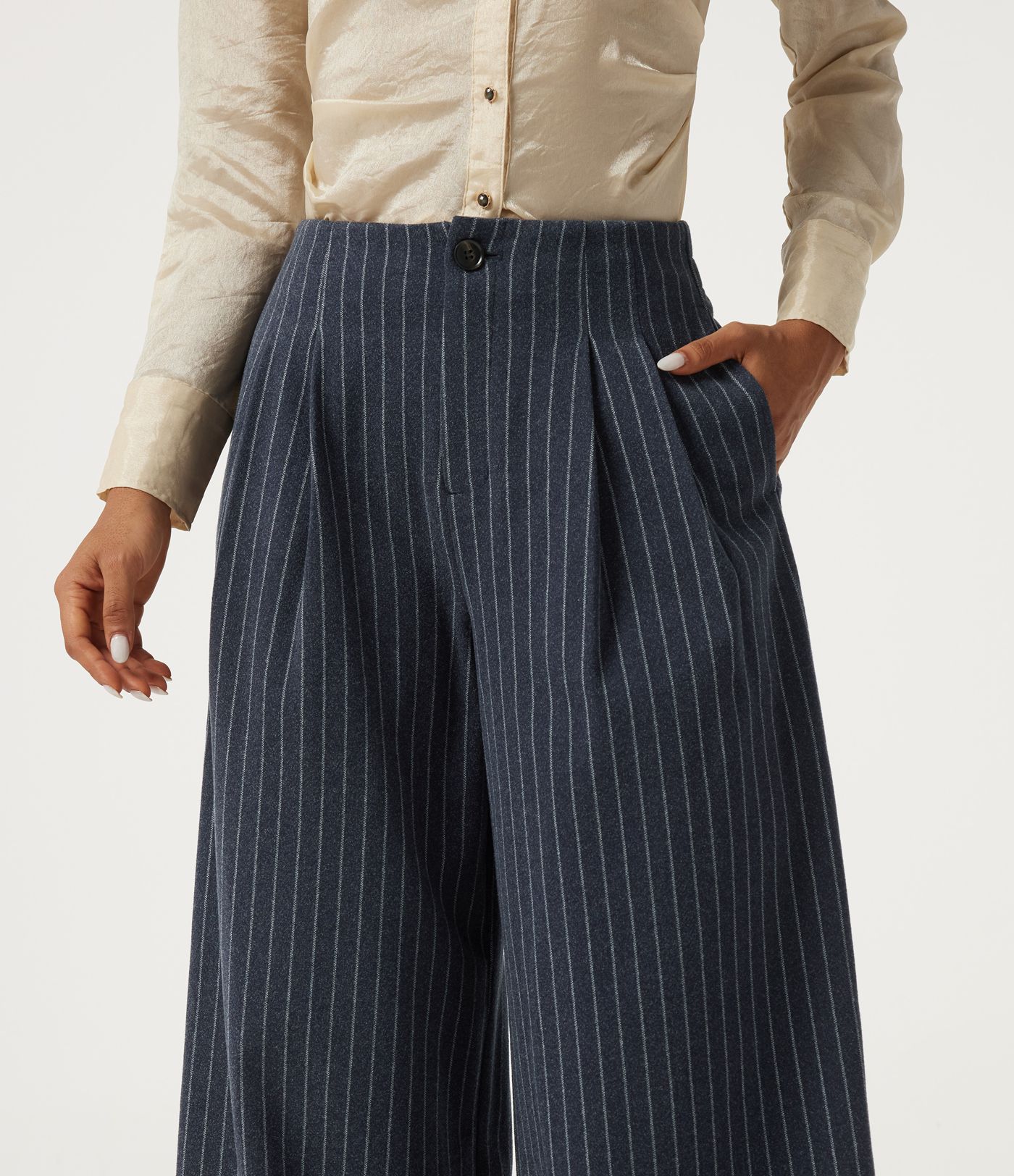 High Waisted Wide Leg Stripe Fleece Work Pants with Pockets
