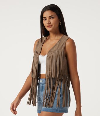 V Neck Open Front Fringe Suede Casual Vest