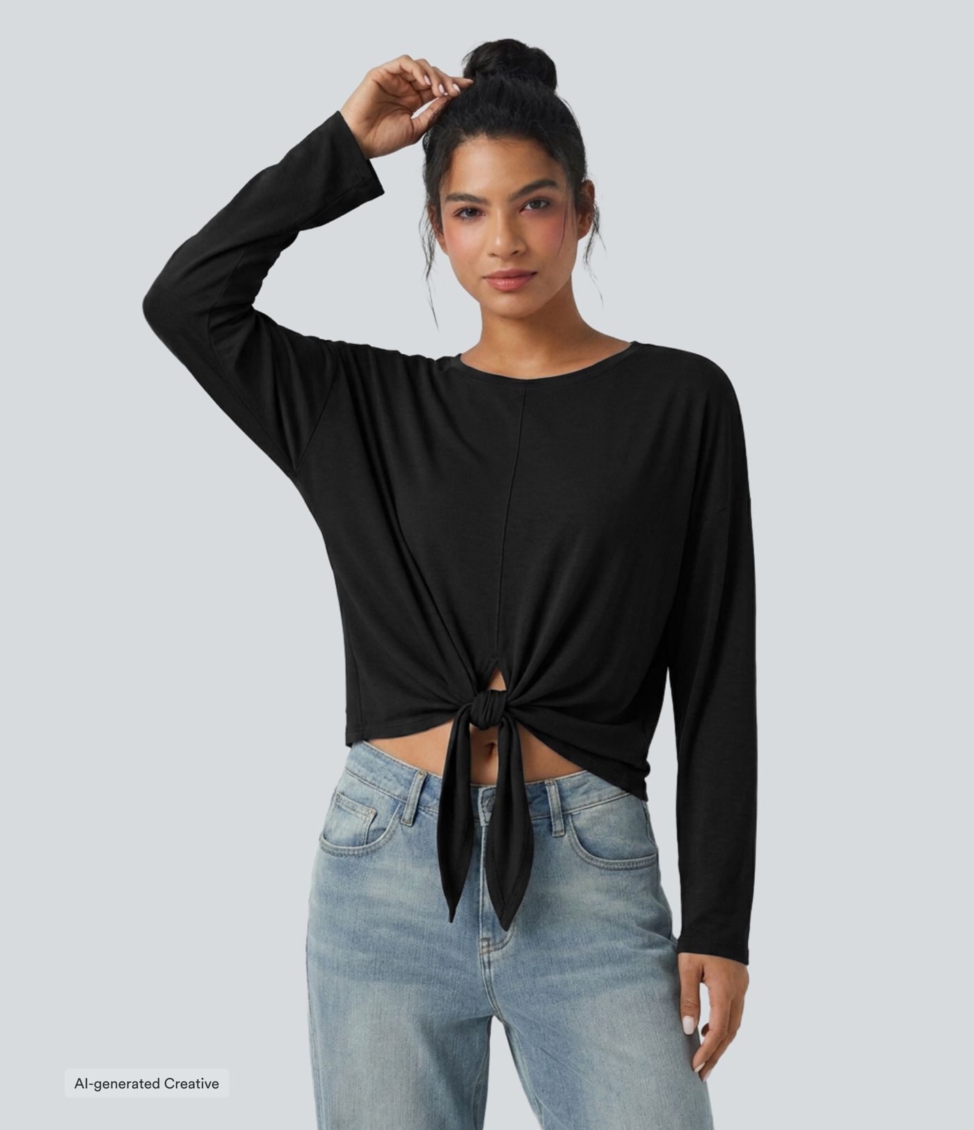 Round Neck Long Sleeve Tie Front Casual Top Round Neck Long Sleeve Tie Front Casual Top