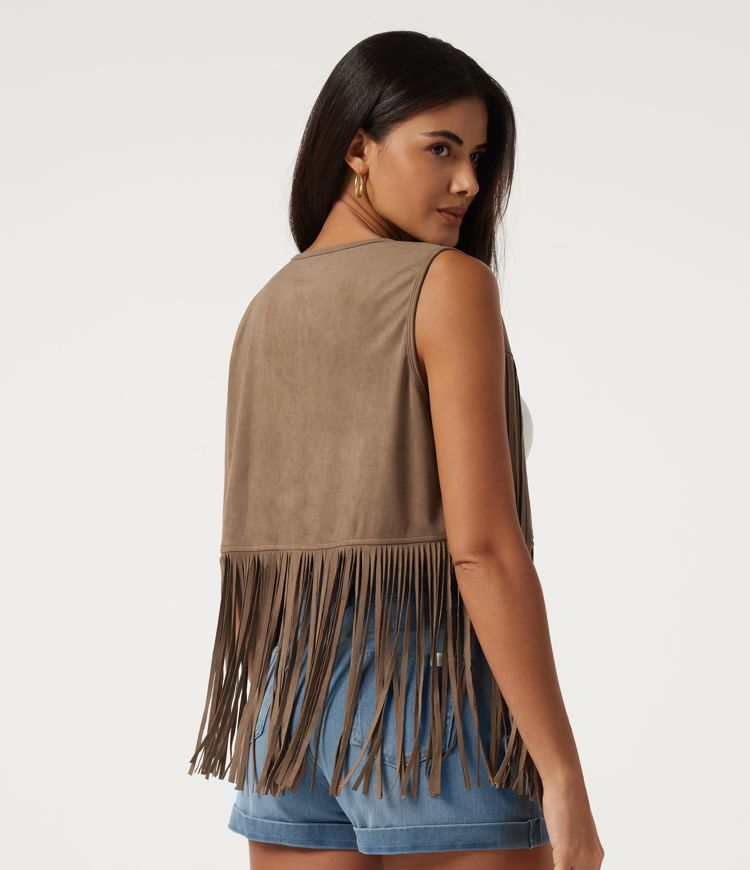 V Neck Open Front Fringe Suede Casual Vest