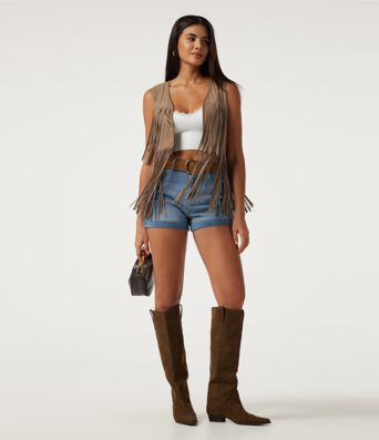 V Neck Open Front Fringe Suede Casual Vest