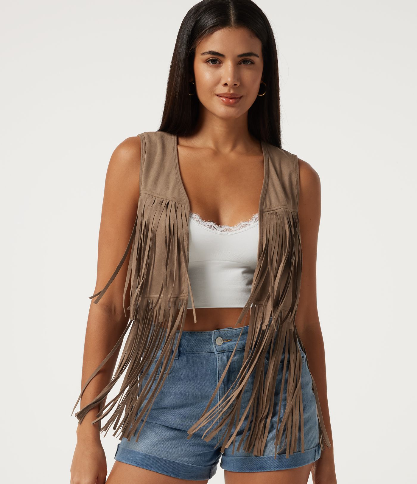 V Neck Open Front Fringe Suede Casual Vest