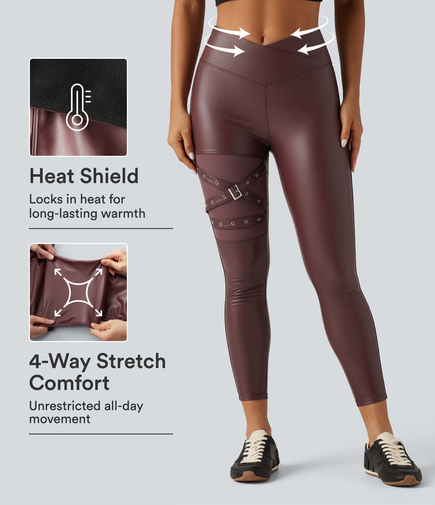 Leggings décontractés taille haute à panneau croisé, effet gainant, en polaire PU extensible, avec poches. Leggings décontractés taille haute à panneau croisé, effet gainant, en polaire PU extensible, avec poches.