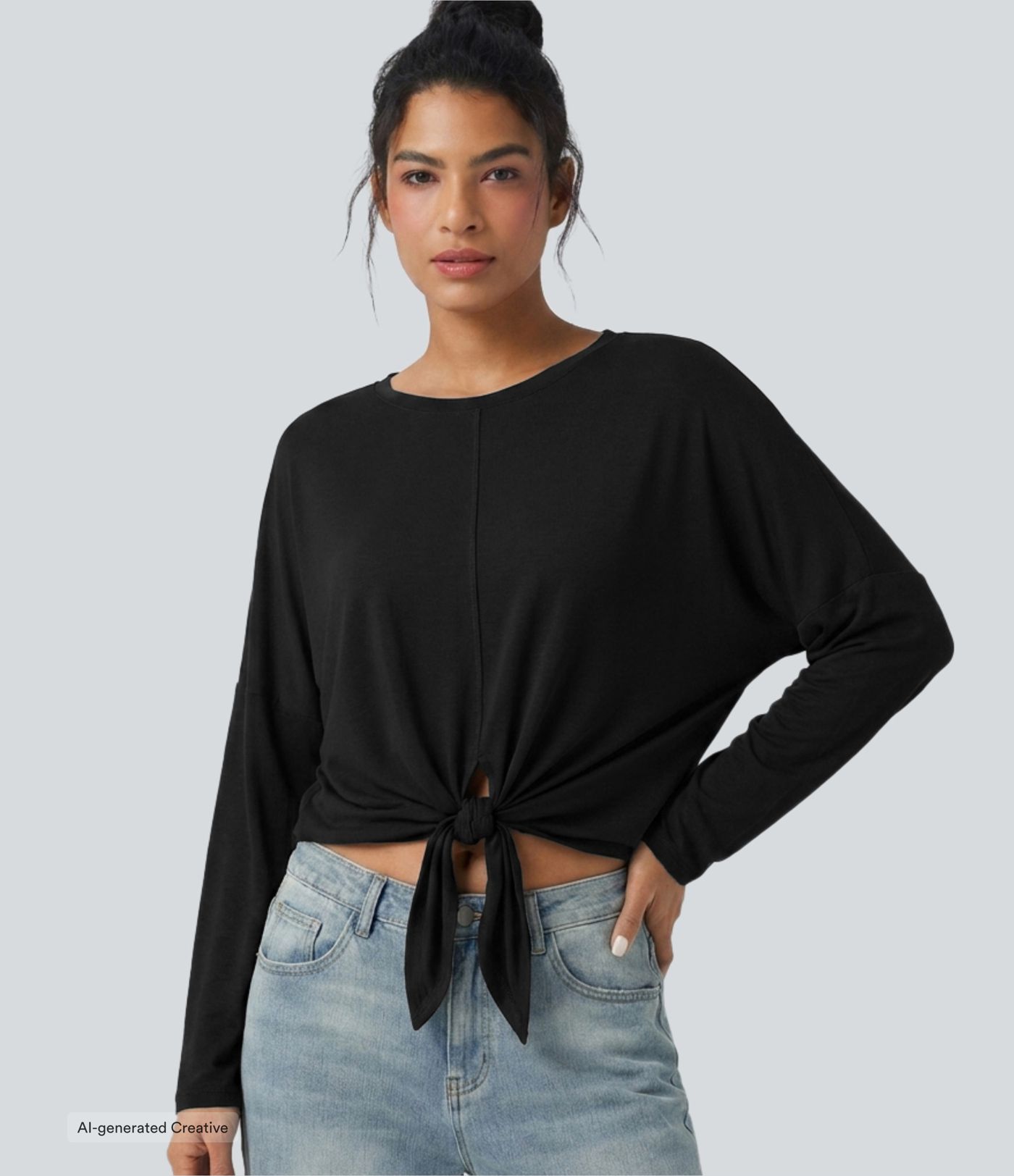 Round Neck Long Sleeve Tie Front Casual Top Round Neck Long Sleeve Tie Front Casual Top